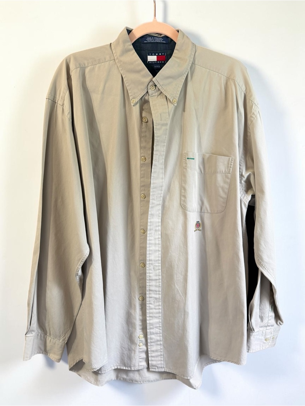 Vintage Tommy Hilfiger Mens Button Down Shirt XL Beige Cotton